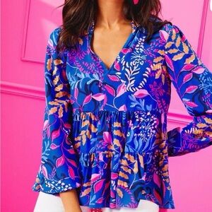 Lilly Pulitzer Sarita long Sleeve “Borealis” Blue Silk Blouse Size 0